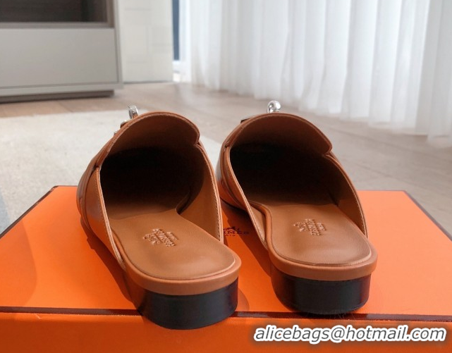 Best Product Hermes Oz Flat Mules in Calfskin Leather Brown 0419107