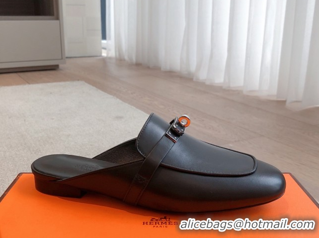 Cheap Price Hermes Oz Flat Mules in Calfskin Leather Black 0419108