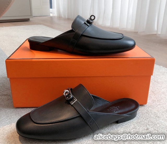 Cheap Price Hermes Oz Flat Mules in Calfskin Leather Black 0419108