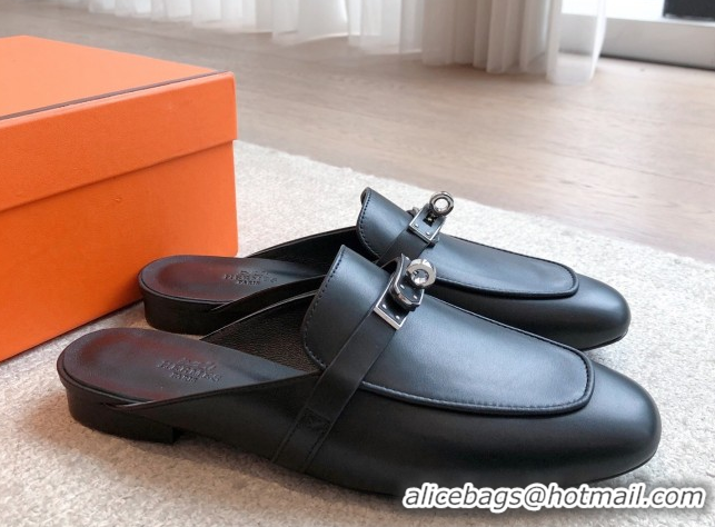 Cheap Price Hermes Oz Flat Mules in Calfskin Leather Black 0419108
