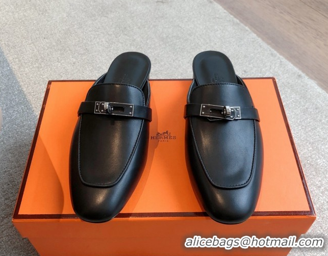 Cheap Price Hermes Oz Flat Mules in Calfskin Leather Black 0419108
