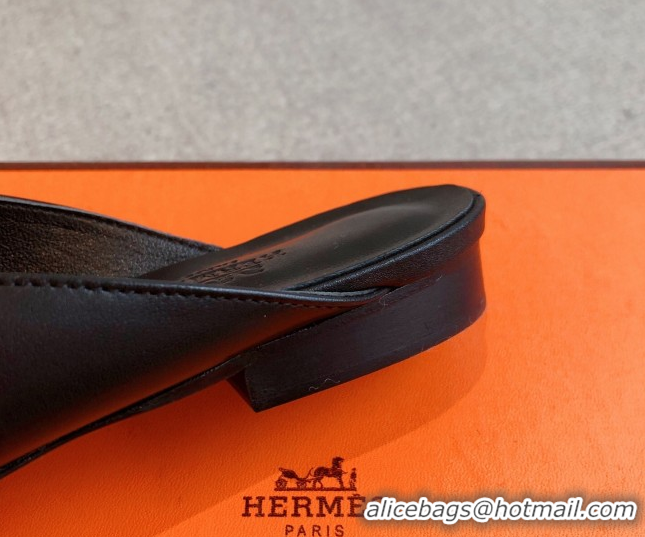 Cheap Price Hermes Oz Flat Mules in Calfskin Leather Black 0419108