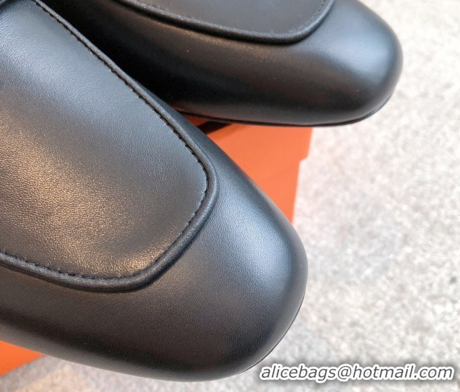 Cheap Price Hermes Oz Flat Mules in Calfskin Leather Black 0419108