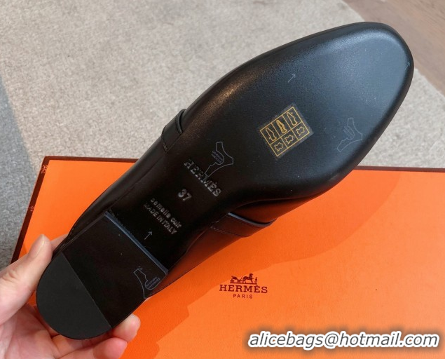 Cheap Price Hermes Oz Flat Mules in Calfskin Leather Black 0419108