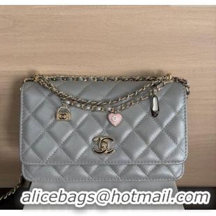 Pretty Style Chanel Pearly Lambskin on Chain with Logo Charm AP4537 Grey 2025