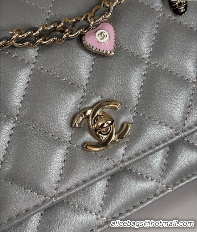 Pretty Style Chanel Pearly Lambskin on Chain with Logo Charm AP4537 Grey 2025