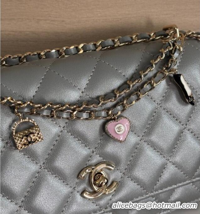 Pretty Style Chanel Pearly Lambskin on Chain with Logo Charm AP4537 Grey 2025