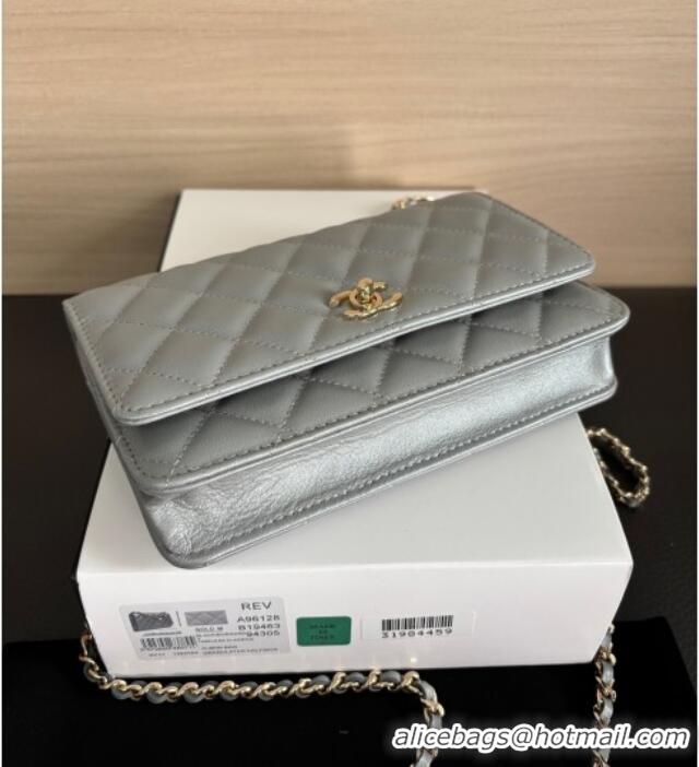 Pretty Style Chanel Pearly Lambskin on Chain with Logo Charm AP4537 Grey 2025