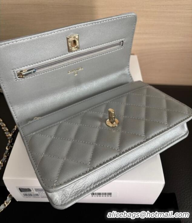 Pretty Style Chanel Pearly Lambskin on Chain with Logo Charm AP4537 Grey 2025