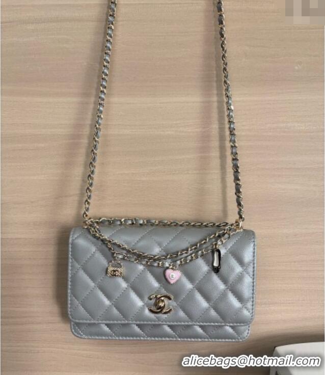Pretty Style Chanel Pearly Lambskin on Chain with Logo Charm AP4537 Grey 2025