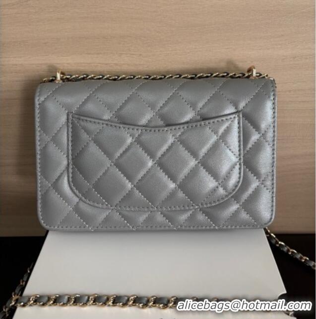 Pretty Style Chanel Pearly Lambskin on Chain with Logo Charm AP4537 Grey 2025