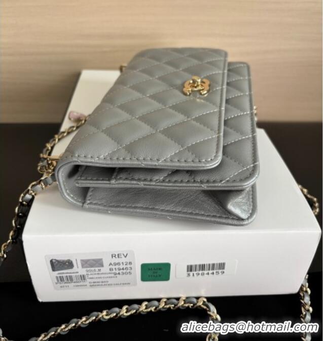 Pretty Style Chanel Pearly Lambskin on Chain with Logo Charm AP4537 Grey 2025