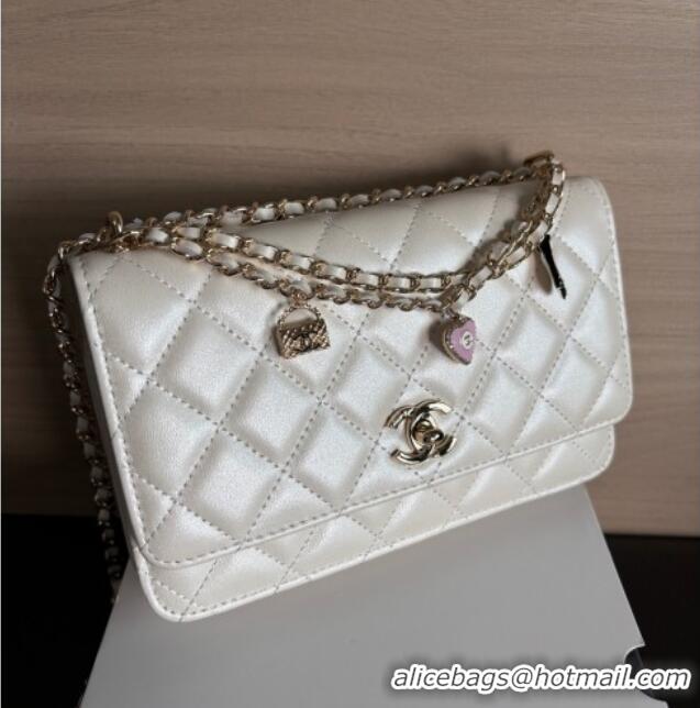 Best Product Chanel Pearly Lambskin on Chain with Logo Charm AP4537 White 2025