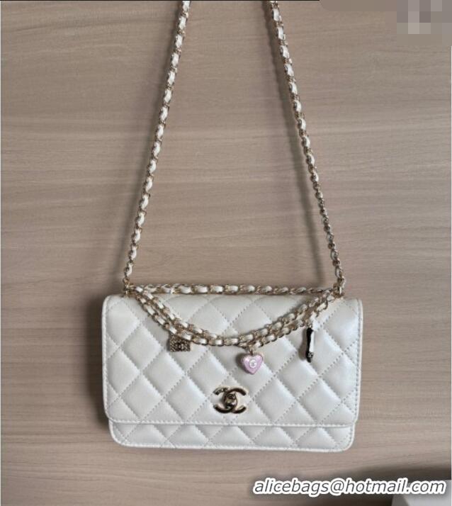 Best Product Chanel Pearly Lambskin on Chain with Logo Charm AP4537 White 2025