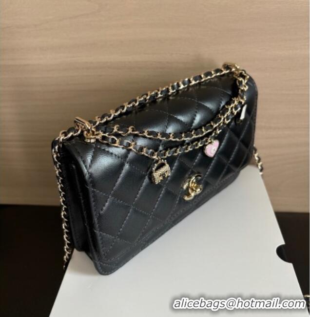 Best Product Chanel Pearly Lambskin on Chain with Logo Charm AP4537 Black 2025
