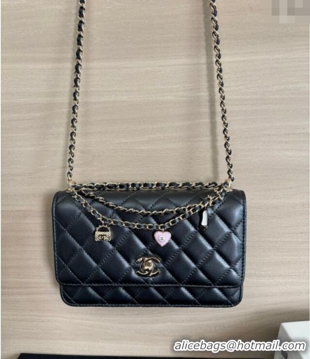 Best Product Chanel Pearly Lambskin on Chain with Logo Charm AP4537 Black 2025