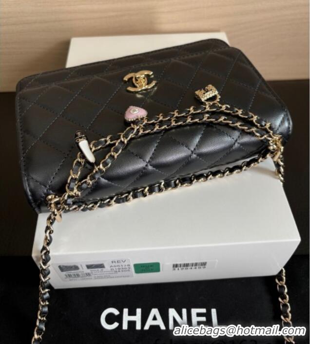Best Product Chanel Pearly Lambskin on Chain with Logo Charm AP4537 Black 2025