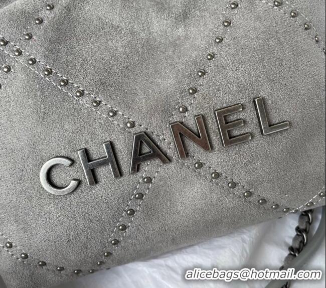 Top Grade Chanel 22 Suede Mini Shopping Bag with Studs AS3980 Grey 2025