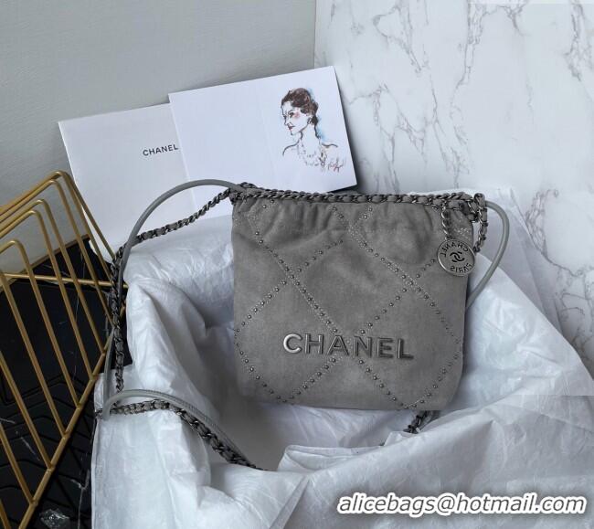Top Grade Chanel 22 Suede Mini Shopping Bag with Studs AS3980 Grey 2025
