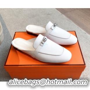 Perfect Hermes Oz Flat Mules in Calfskin Leather White 0419109