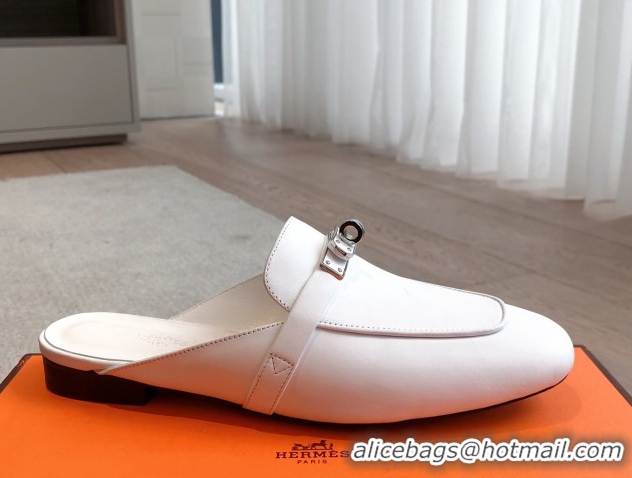 Perfect Hermes Oz Flat Mules in Calfskin Leather White 0419109