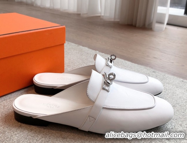 Perfect Hermes Oz Flat Mules in Calfskin Leather White 0419109
