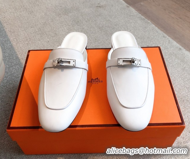 Perfect Hermes Oz Flat Mules in Calfskin Leather White 0419109
