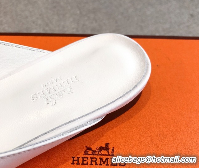 Perfect Hermes Oz Flat Mules in Calfskin Leather White 0419109