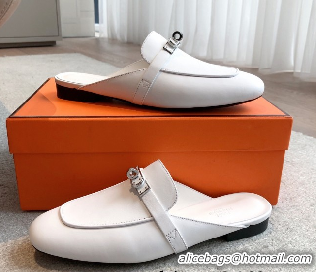 Perfect Hermes Oz Flat Mules in Calfskin Leather White 0419109