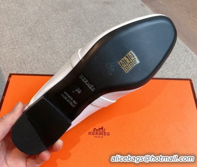Perfect Hermes Oz Flat Mules in Calfskin Leather White 0419109