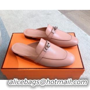 Generous Hermes Oz Flat Mules in Calfskin Leather Pink 0419110