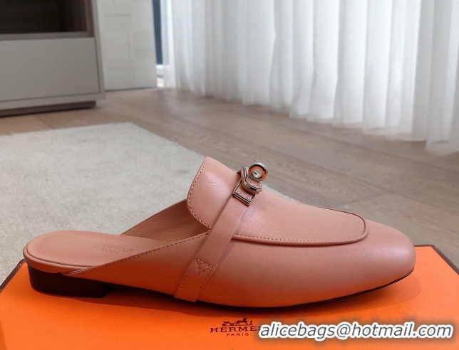 Generous Hermes Oz Flat Mules in Calfskin Leather Pink 0419110