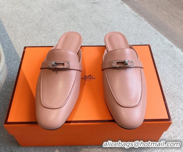 Generous Hermes Oz Flat Mules in Calfskin Leather Pink 0419110
