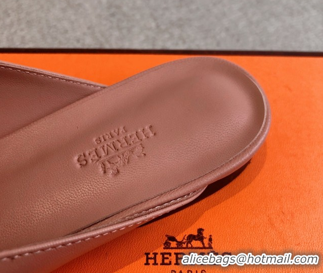 Generous Hermes Oz Flat Mules in Calfskin Leather Pink 0419110