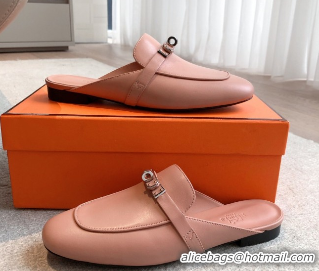 Generous Hermes Oz Flat Mules in Calfskin Leather Pink 0419110