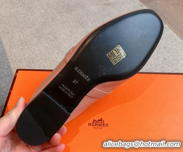 Generous Hermes Oz Flat Mules in Calfskin Leather Pink 0419110
