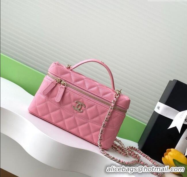 Top Design Chanel Grained Calfskin Long Vanity Case with Chain AP4407 Pink 2025