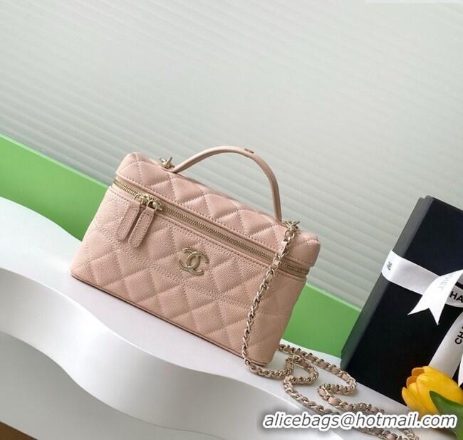 Top Design Chanel Grained Calfskin Long Vanity Case with Chain AP4407 Nude Pink 2025