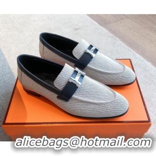 Buy Discount Hermes Paris Loafers in Calfskin and Canvas Dark Blue 0419111