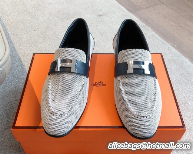 Buy Discount Hermes Paris Loafers in Calfskin and Canvas Dark Blue 0419111