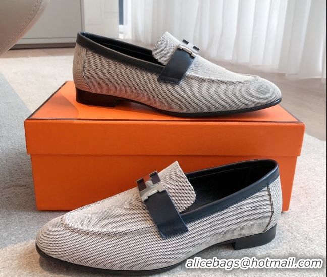 Buy Discount Hermes Paris Loafers in Calfskin and Canvas Dark Blue 0419111