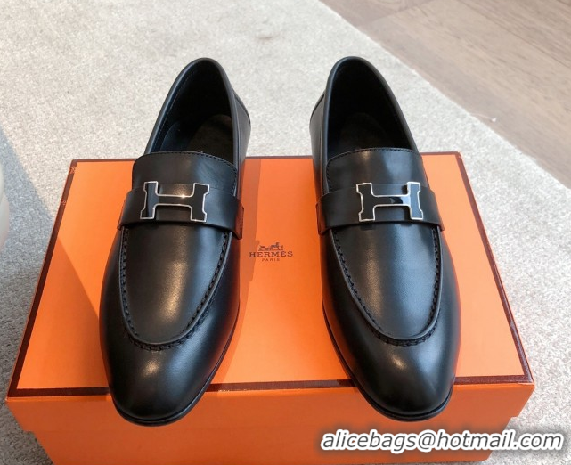 Best Price Hermes Paris Loafers in Calfskin Leather Black 0419112