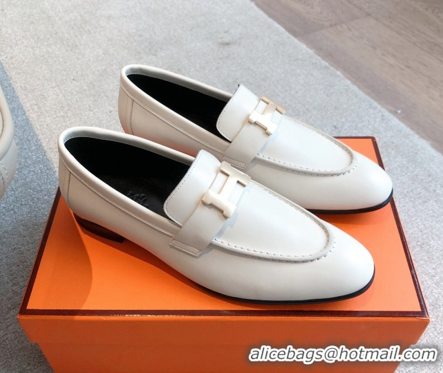 Perfect Hermes Paris Loafers in Calfskin Leather White 0419113