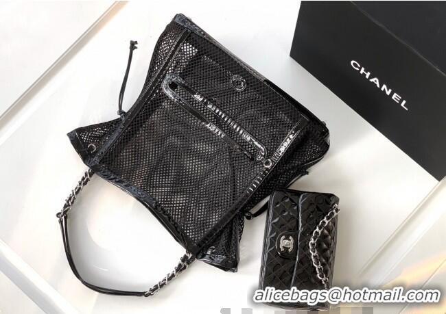 Top Grade Chanel Large Mesh & Patent Calfskin Shopping Bag CH052603 Black 2025