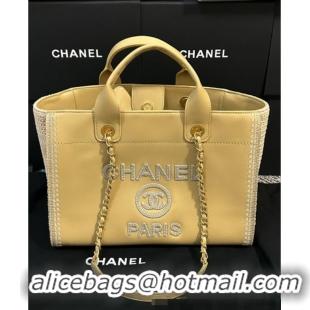 Well Crafted Chanel Deauville Calfskin & Woven Straw-Like Large Shopping Bag 0526 Yellow 2025