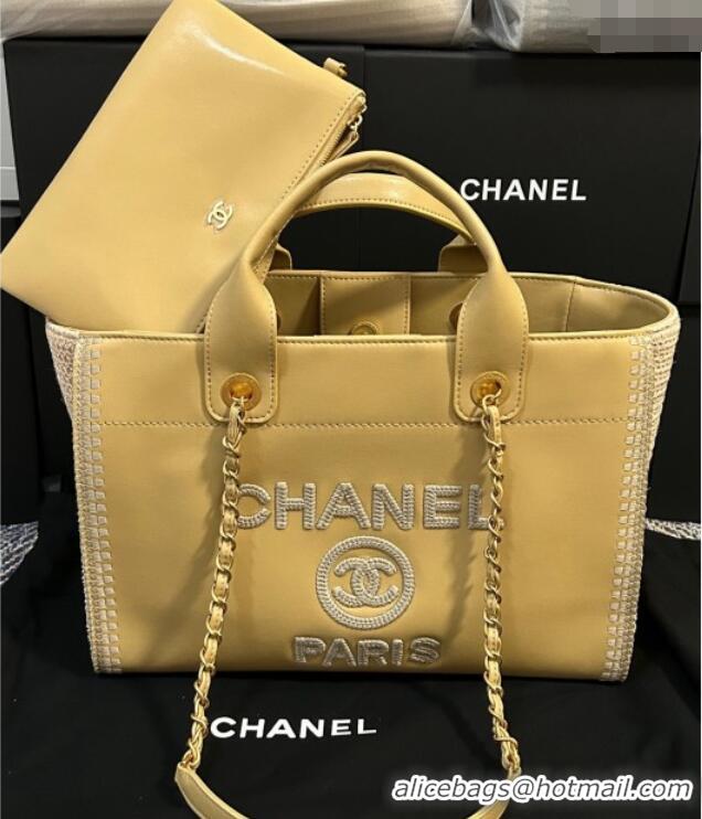 Well Crafted Chanel Deauville Calfskin & Woven Straw-Like Large Shopping Bag 0526 Yellow 2025