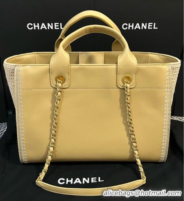 Well Crafted Chanel Deauville Calfskin & Woven Straw-Like Large Shopping Bag 0526 Yellow 2025