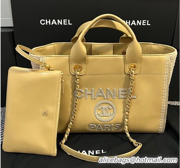 Well Crafted Chanel Deauville Calfskin & Woven Straw-Like Large Shopping Bag 0526 Yellow 2025
