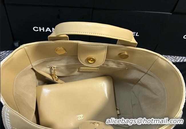 Well Crafted Chanel Deauville Calfskin & Woven Straw-Like Large Shopping Bag 0526 Yellow 2025