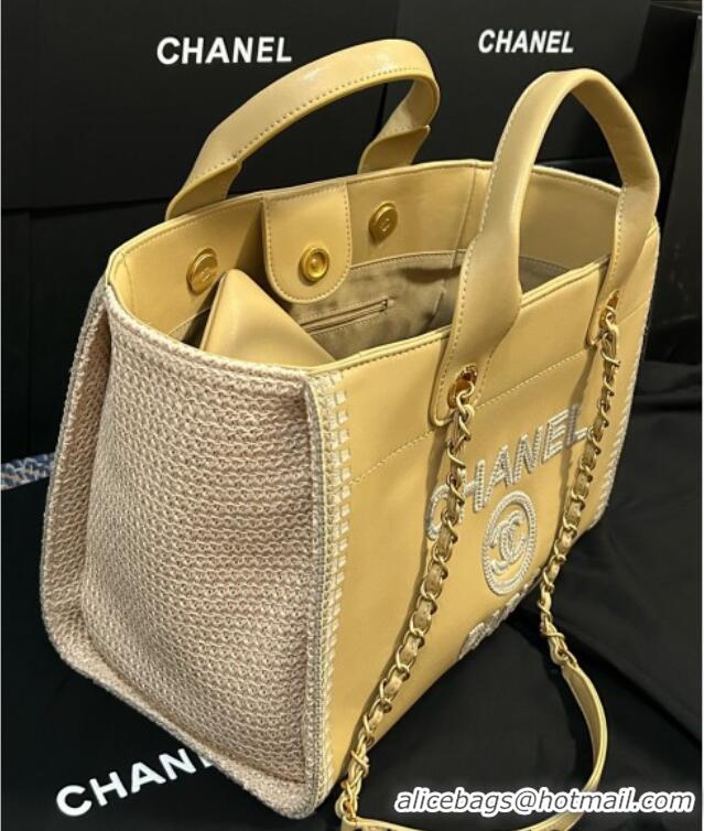 Well Crafted Chanel Deauville Calfskin & Woven Straw-Like Large Shopping Bag 0526 Yellow 2025